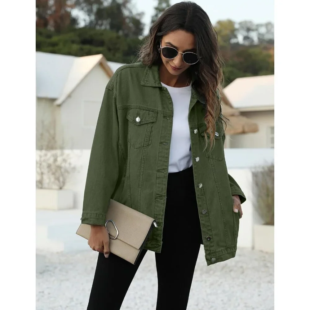 Women's Oversized Mid Long Denim Jacket Jean Biker Coat Long Sleeves Green - Picture 7 of 8
